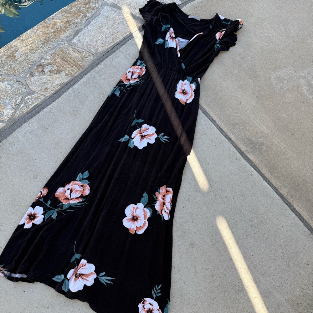 Black and Pink Floral Maxi Sundress with crossbody neckline